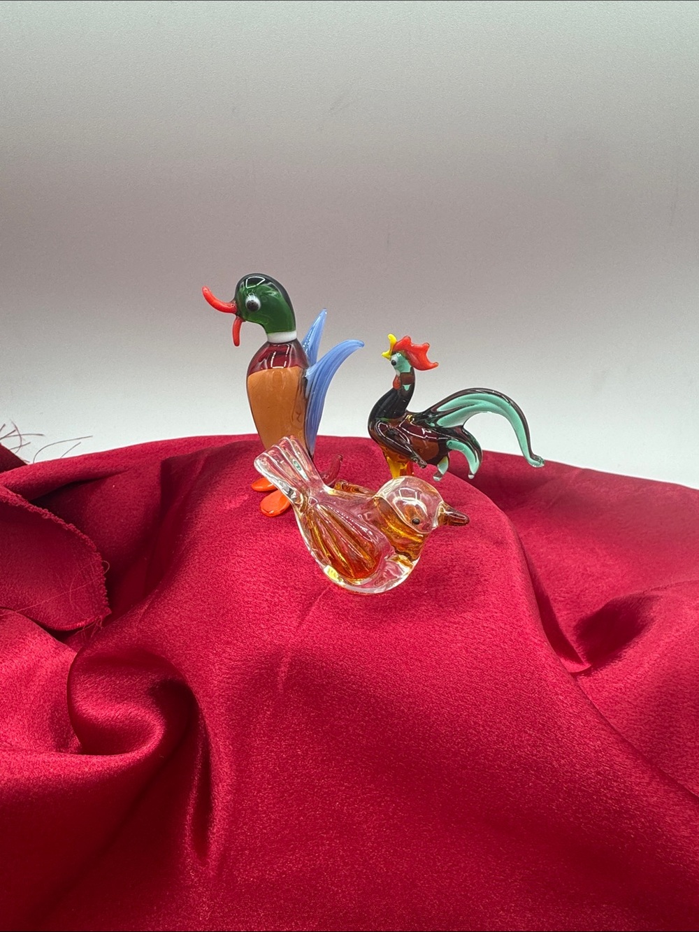 3 Blown Glass Birds. Rooster, Duck and small bird.
